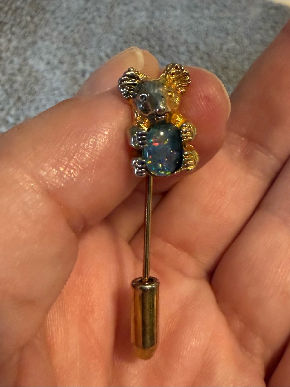 Vintage Gold-Tone Koala Stick Pin with Blue Opal Accent